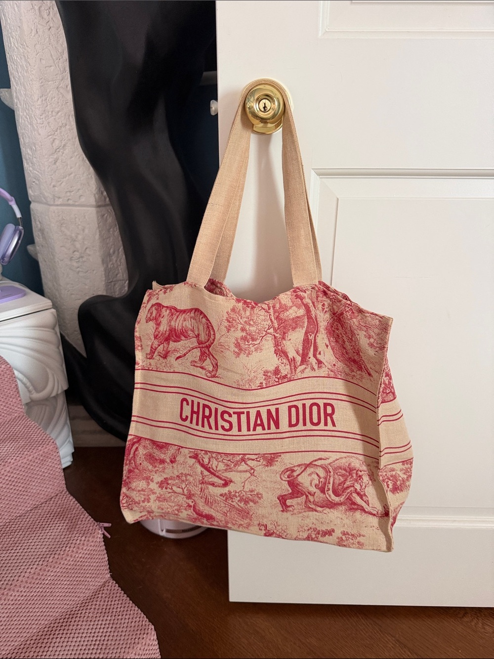 Dior Beige Canvas Tote limited edition riviera with Red Toile Print